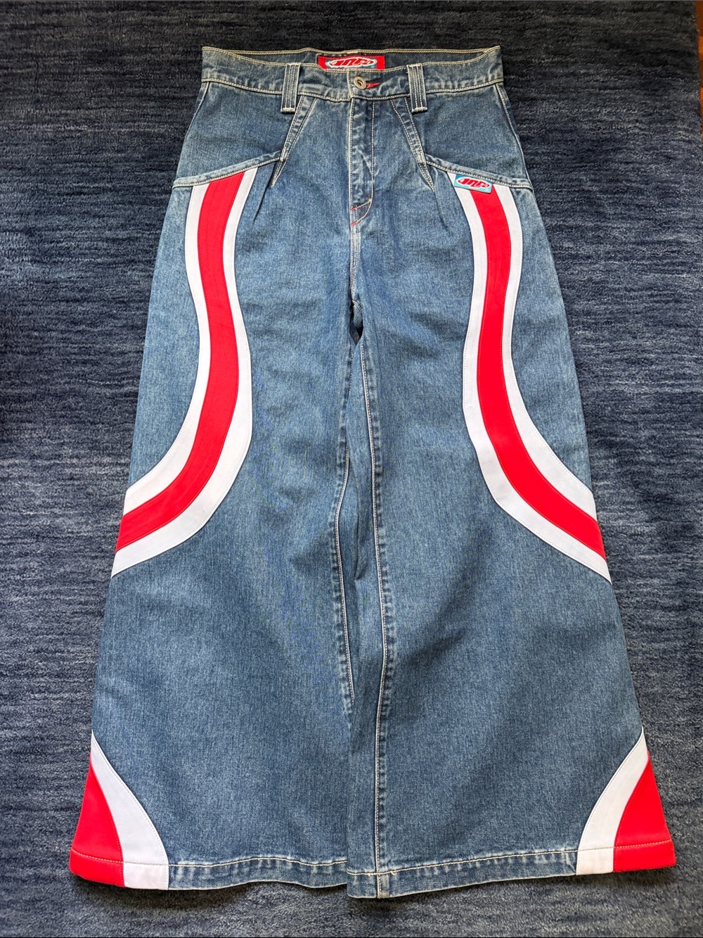 JNCO Wide Leg Denim Pants with Red and White Race Stripe Accents